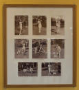 A frame with several photos of Josephine Baker is displayed in the Chateau des Milandes, Josephine Baker's former house, in Castelnaud-la-Chapelle, central France, Thursday, Nov. 11, 2021. France is inducting Josephine Baker – Missouri-born cabaret dancer, French Resistance fighter and civil rights leader – into its Pantheon, the first Black woman honored in the final resting place of France's most revered luminaries. (AP Photo/Yohan Bonnet)