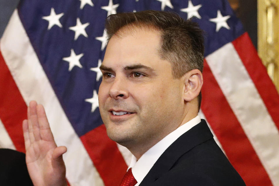 FILE - Rep. Mike Garcia, R-Calif., participates in a ceremonial swearing-in on Capitol Hill in Washington, on May 19, 2020. Garcia is defending his seat north of Los Angeles, in a Democratic-leaning district, in the November 2022 election. (AP Photo/Patrick Semansky, File)