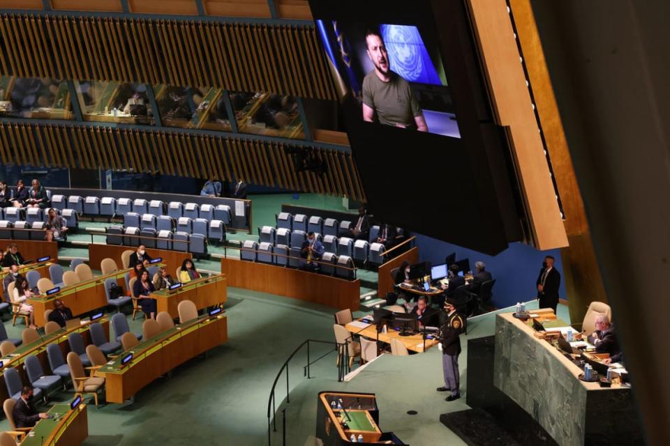 <div class="inline-image__caption"><p>Ukrainian President Volodymyr Zelensky speaks to world leaders via a video link at the UN General Assembly on Sept. 21, 2022, in New York City.</p></div> <div class="inline-image__credit">Spencer Platt/Getty</div>