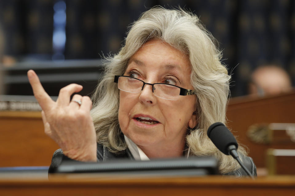 FILE - Rep. Dina Titus, D-Nev., speaks during a House Foreign Affairs Committee hearing in Washington on Feb. 28, 2020. Six-term Rep. Titus anticipates her stiffest election challenge in Las Vegas yet against Republican Mark Robertson after Democrats sacrificed parts of their traditional stronghold during redistricting in exchange for some gains in the neighboring swing districts. (AP Photo/Carolyn Kaster, File)