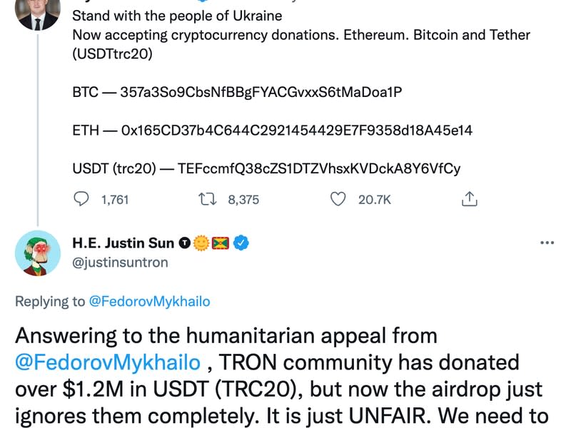 New diplomat Justin Sun tweeted his discontent at the Tron community being allegedly excluded from an airdrop planned by the Ukrainian government.