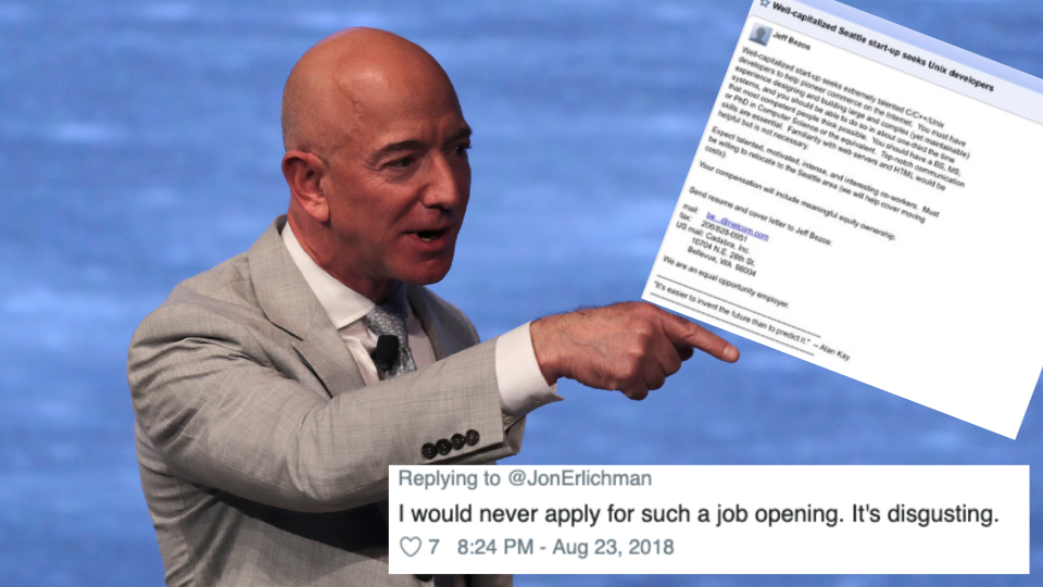 Pictured: Jeff Bezos, and the first job ad he ever posted for Amazon. Images: AAP, Twitter