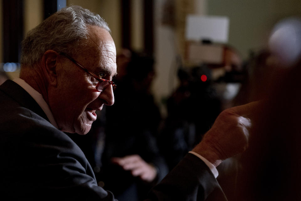 Senate Majority Leader Chuck Schumer of N.Y., speaks to reporters following a Democratic strategy meeting at the Capitol in Washington, Tuesday, Oct. 19, 2021. (AP Photo/Andrew Harnik)