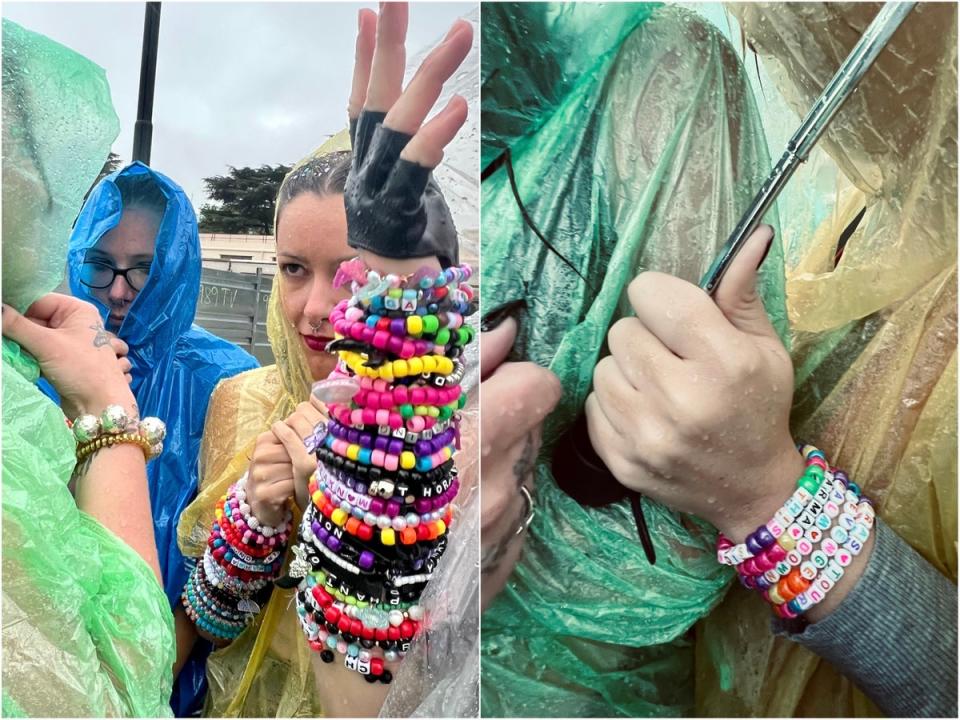 Swifties waiting in line at the cancelled Taylor Swift concert in Buenos Aires wearing the ceremonial friendship bracelets exchanged by fans at shows (Andrea Cavallier / The Independent)