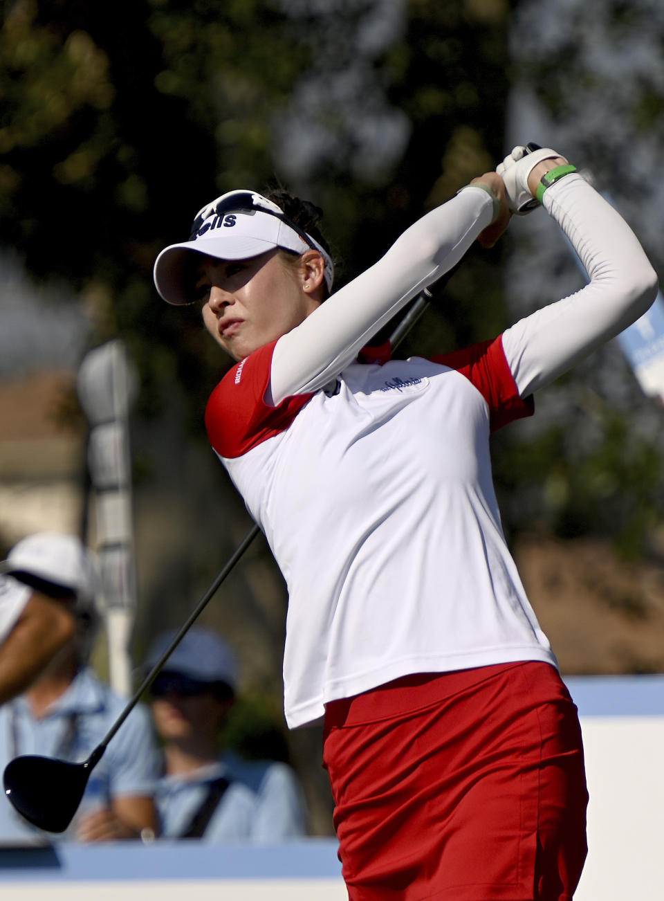 Nelly Korda tees off on the ninth hole during the final round of the PGA QBE Shootout golf tournament at Tiburon Golf Club, Sunday, Dec. 11, 2022, in Naples, Fla. (AP Photo/Chris Tilley)