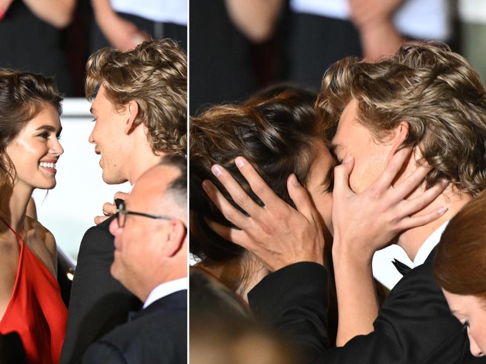 Kaia Gerber and Austin Butler embracing after the screening of "Elvis" during the 75th annual Cannes film festival.