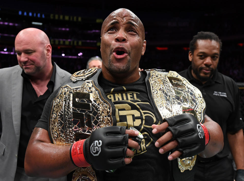 Daniel Cormier celebrates after his submission victory over Derrick Lewis in their UFC heavyweight championship bout at UFC 230 inside Madison Square Garden on Nov. 3, 2018 in New York. (Getty Images)