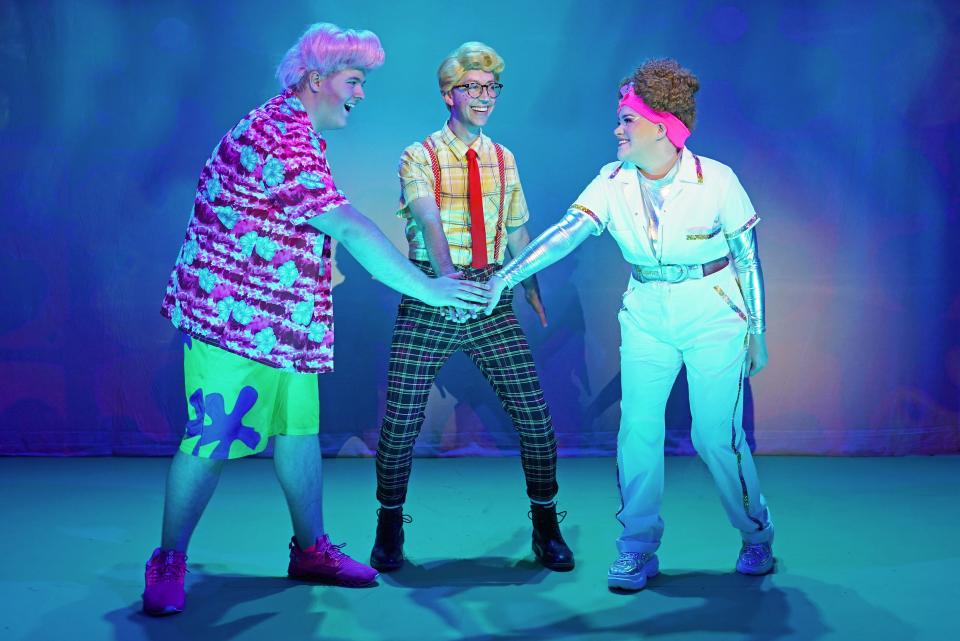 Nick DiSandro as "SpongeBob Squarepants," Andrew Sparks as "Patrick Star" and Nayda Baez as "Sandy Cheeks" in "The SpongeBob Musical," on stage at Titusville Playhouse through Aug. 28, 2022. Visit titusvilleplayhouse.com.