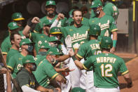 The Oakland Athletics dugout celebrates after Marcus Semien, second from right, hit a two-run home run that scored Sean Murphy (12) during the second inning of Game 2 of an American League wild-card baseball series against the Chicago White Sox, Wednesday, Sept. 30, 2020, in Oakland, Calif. (AP Photo/Eric Risberg)