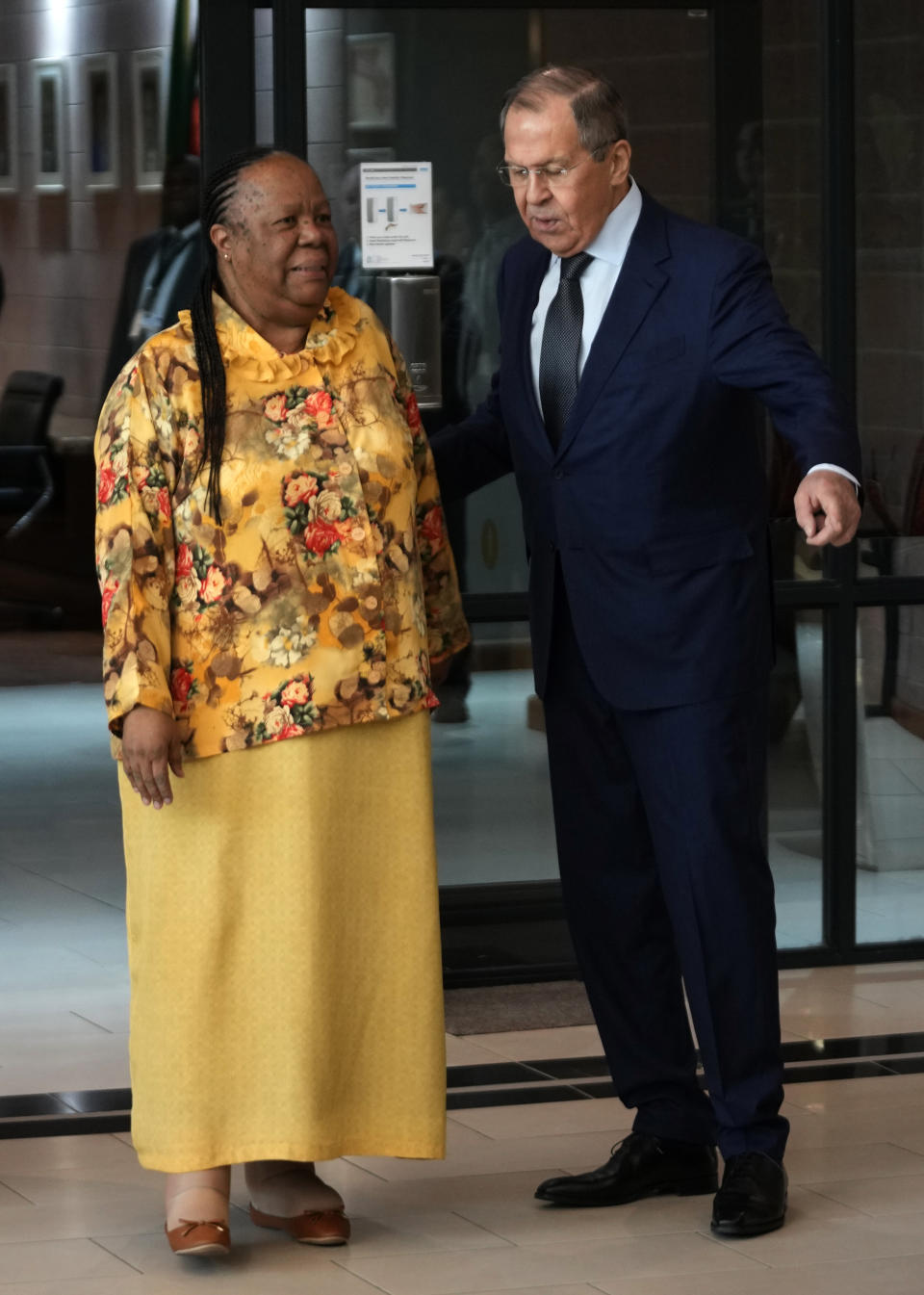 Russia's Foreign Minister Sergey Lavrov, right, is welcomed by his South Africa's counterpart Naledi Pandor in Pretoria, South Africa, Monday, Jan. 23, 2023. (AP Photo/Themba Hadebe)