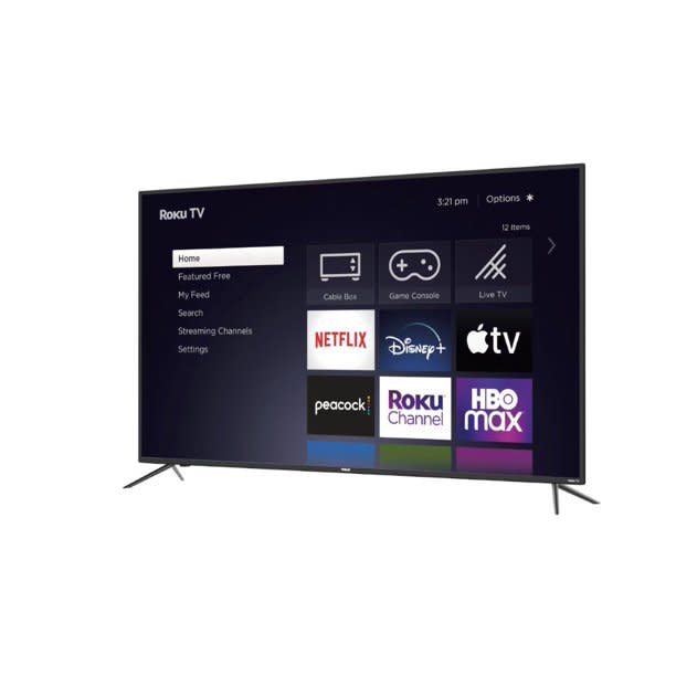 Angled view of 50-inch television with Roku home screen showing apps and available connection options.