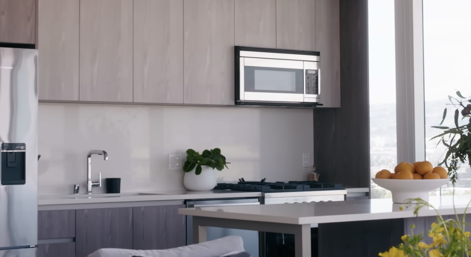 gray cabinets and countertop in a kitchen