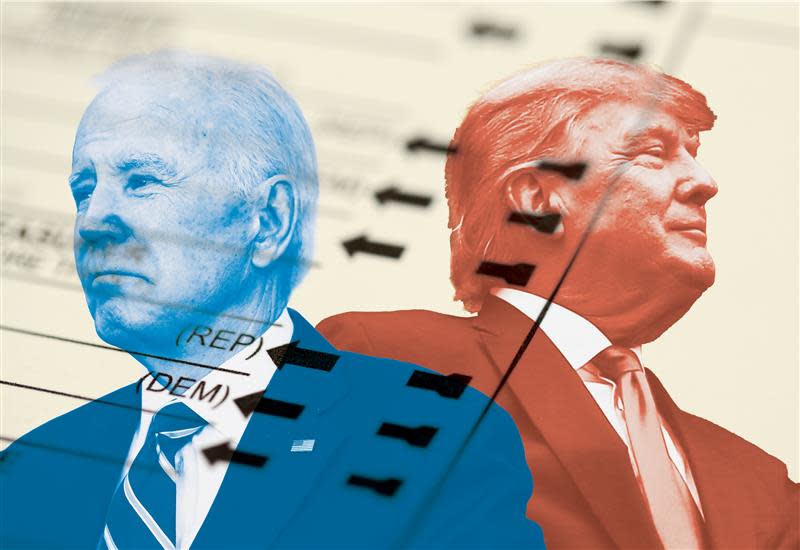 Images of President Joe Biden and former President Donald Trump superimposed over a ballot. (Photos by Getty Images and Scott Utterback/Courier Journal, Illustration by Jason Bredehoeft, USA TODAY Network.)