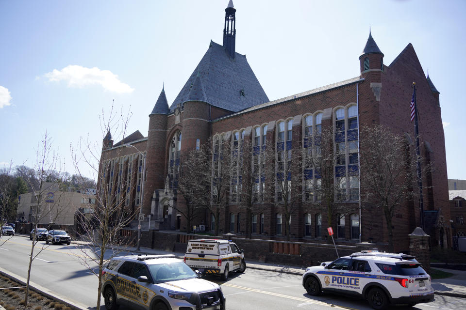 Pittsburgh Police respond to Pittsburgh Central Catholic High School for what turned out to be a hoax report of an active shooter, on Wednesday, March 29, 2023 in the Oakland neighborhood of Pittsburgh. (AP Photo/Gene J. Puskar)