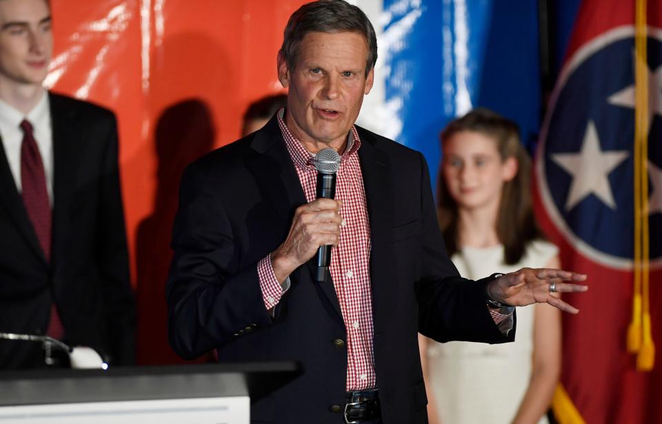 Gov. Bill Lee speaks during an election night party for Tennessee Republican U.S. Sen.-elect Bill Hagerty  Tuesday, Nov. 3, 2020 in Franklin, Tenn. 