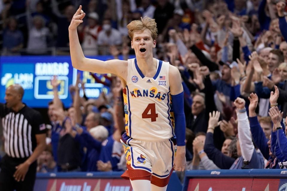 LAWRENCE, KANSAS - FEBRUARY 18: Kansas' Gradey Dick celebrates a basket against Baylor during the second half of their game at Allen Fieldhouse in Lawrence, Kansas on Feb. 18, 2023.