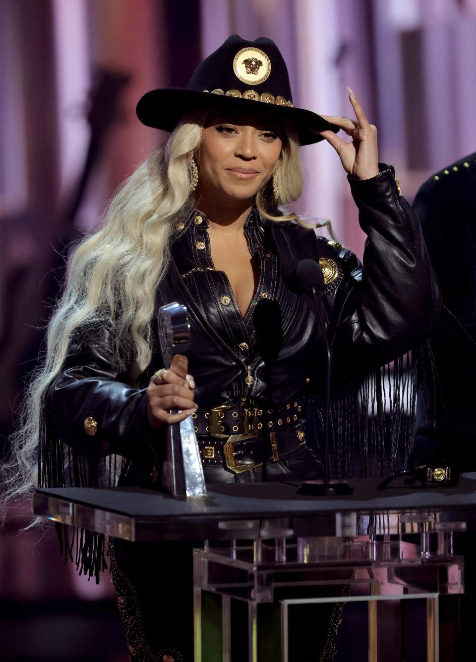 Beyonce is pictured accepting the Innovator Award onstage during the 2024 iHeartRadio Music Awards at Dolby Theatre in Los Angeles.