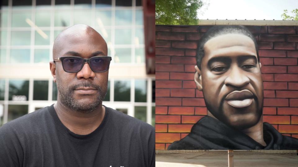 A video diptych shows Philonise Floyd (left) and a mural of his brother, George Floyd.