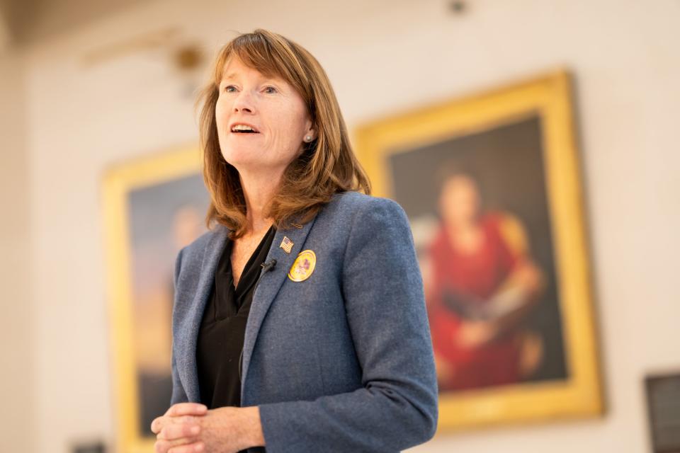 Sen. Kathleen Riebe, D-Cottonwood Heights, gives an interview on election night at the Capitol in Salt Lake City on Tuesday, Nov. 21, 2023. Riebe is running against Republican Celeste Maloy in the special election to fill Rep. Chris Stewart’s seat in the 2nd Congressional District. | Spenser Heaps, Deseret News