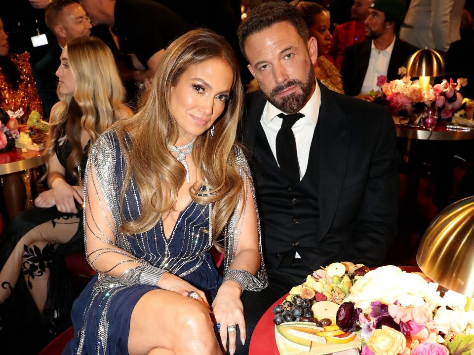 Jennifer Lopez sitting next to Ben Affleck at the 2023 Grammys