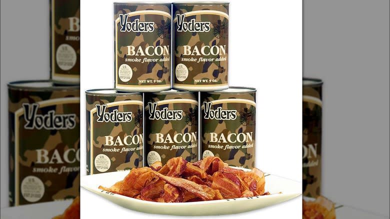 Stacked cans of Yoders bacon