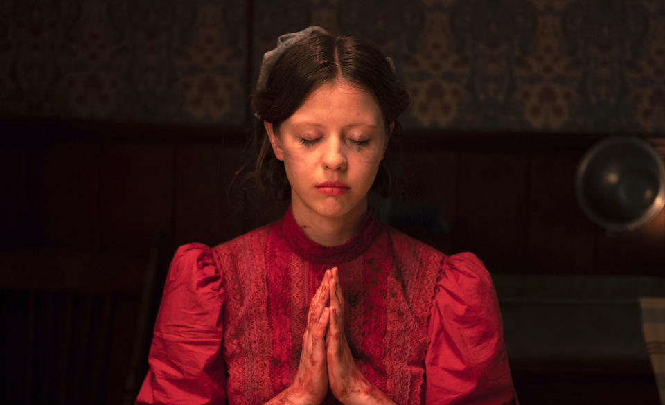 This image released by A24 shows Mia Goth in a scene from the film "Pearl." (Christopher Moss/A24 via AP)