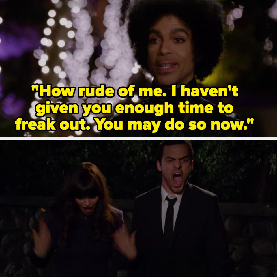 Prince saying "How rude of me. I haven't given you enough time to freak out. You may do so now" to Nick and Jess, who then freak out, in New Girl