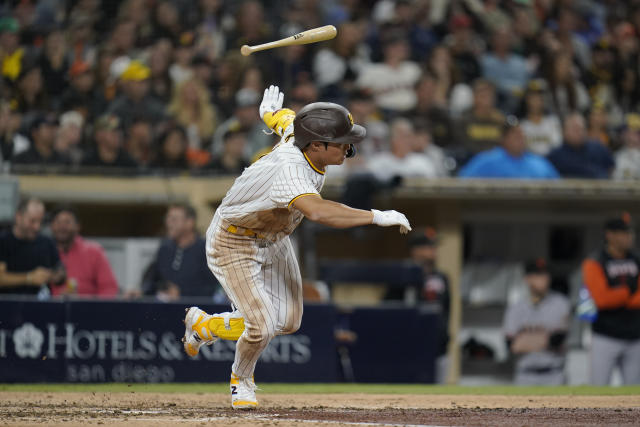 San Diego Padres' Josh Bell celebrates his RBI-double during the seventh  inning in Game 5 of the baseball NL Championship Series between the San  Diego Padres and the Philadelphia Phillies on Sunday