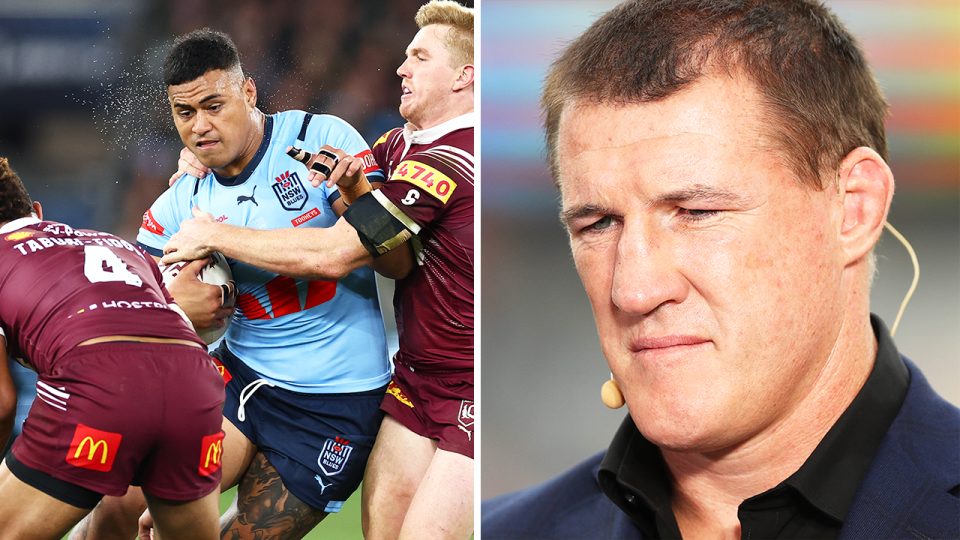 Former Blues captain Paul Gallen (pictured right) has backed Michael Maguire's call to drop back rower Haumole Olakau'atu (pictured left) Mitch Barnett for Origin Game 3. (Getty Images)