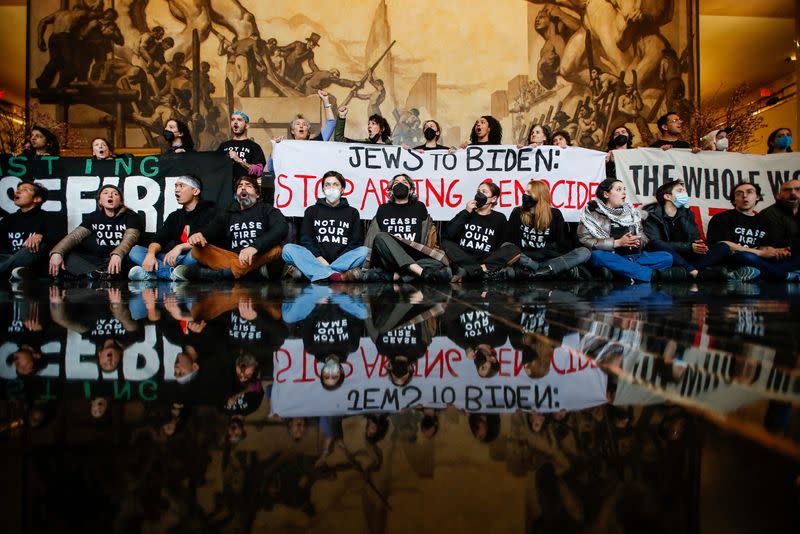 Protest at the Rockefeller Center as U.S. President Biden visits New York