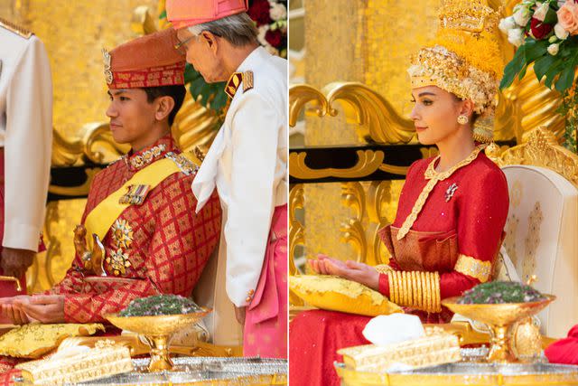 <p>RUDOLF PORTILLO/AFP via Getty Images (2)</p> Prince Abdul Mateen (left) and Anisha Isa Kalebic (right) during their royal powdering ceremonies at Istana Nurul Iman on Jan. 10.