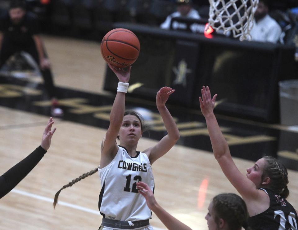 Plains' Lily Davis shoots the ball against New Home in a District 5-2A basketball game, Tuesday, Feb. 6, 2024, at Plains High School.