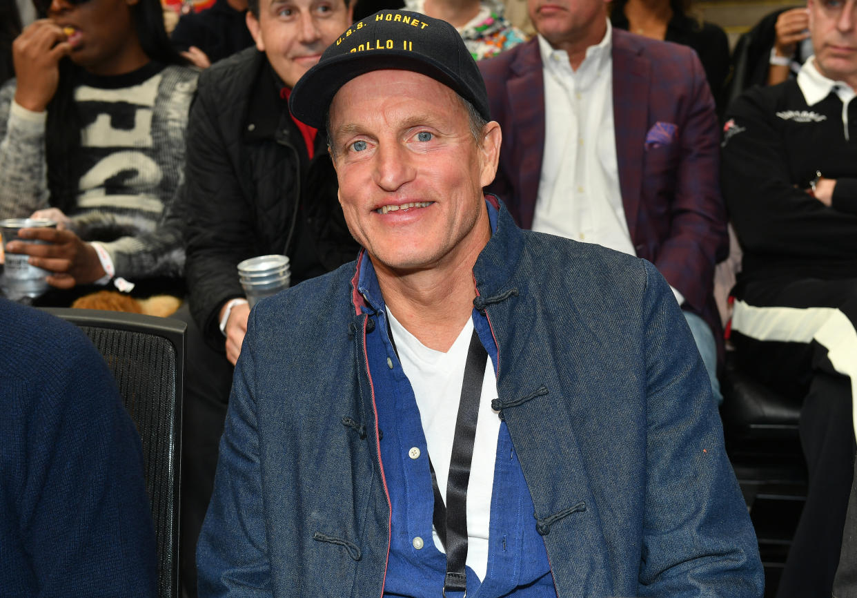 ATLANTA, GEORGIA - JANUARY 28:  Actor Woody Harrelson attends the game between the Los Angeles Clippers and the Atlanta Hawks at State Farm Arena on January 28, 2023 in Atlanta, Georgia. (Photo by Paras Griffin/Getty Images)