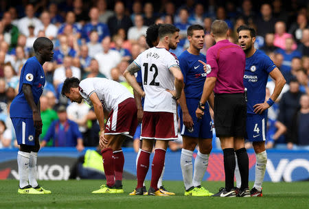 Football Soccer - Premier League - Chelsea vs Burnley - London, Britain - August 12, 2017 Chelsea's Cesc Fabregas remonstrates with referee Craig Pawson after being sent off Action Images via Reuters/Tony O'Brien