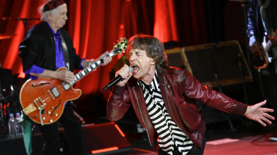 Mick Jagger and Keith Richards of The Rolling Stones perform during a celebration for the release of their new album 