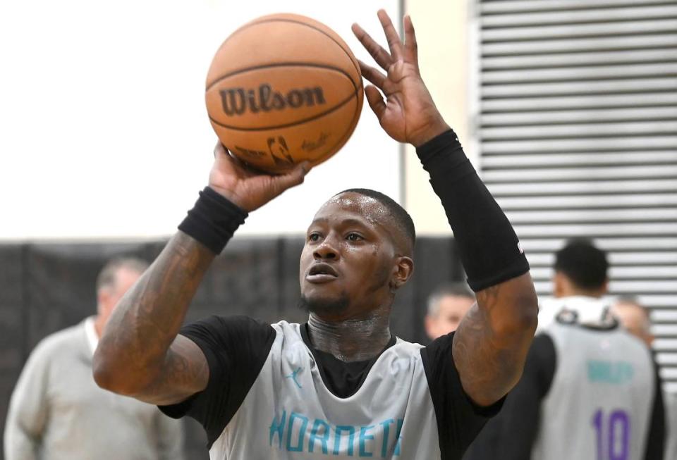 Charlotte Hornets guard Terry Rozier lines up a jump shot during the team’s practice on Tuesday, October 3, 2023 at Spectrum Center in Charlotte, NC.