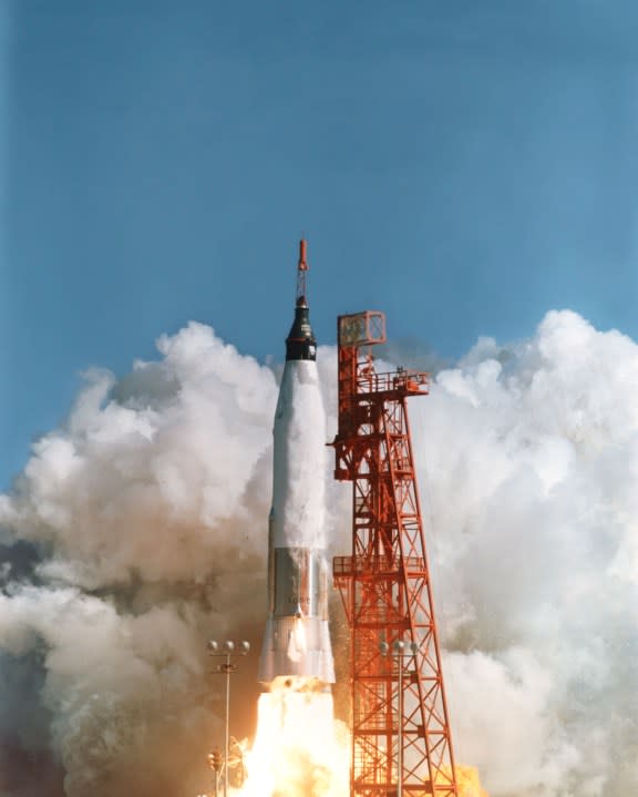 Liftoff of the Mercury-Atlas 6 mission on Feb. 20, 1962. On this mission, John Glenn became the first American to orbit Earth. As part of the preflight checklist, Glenn asked engineers to get NASA research mathematician Katherine Johnson to check the orbital equations by hand on her desktop mechanical calculating machine. (NASA)