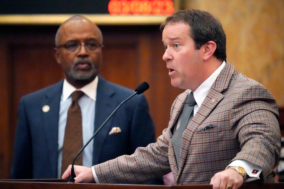 House Constitution Committee Chairman Fred Shanks, R-Brandon, right, speaks against an amendment offered by Rep. Robert Johnson, D-Natchez, for a proposed ballot initiative legislation, during floor debate March 8 at the Mississippi Capitol in Jackson.