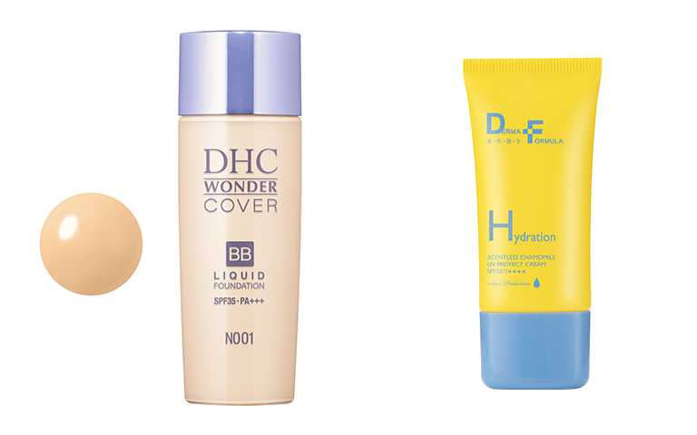 DHC BB晶亮潤澤粉底液SPF35 PA+++30g/NT780。DF美肌醫生白夏菊超修護防曬乳SPF50+ ★★★★40ml/NT980(圖／DHC，DF美肌醫生提供)