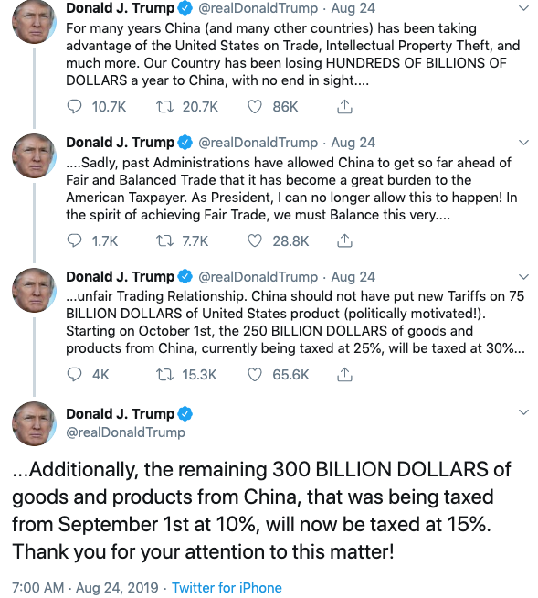 Screenshot of Donald Trump's tweets on Saturday August 24.