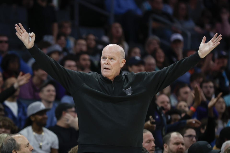 Charlotte Hornets head coach Steve Clifford reacts after a call during the second half of an NBA basketball game against the Memphis Grizzlies in Charlotte, N.C., Saturday, Feb. 10, 2024. (AP Photo/Nell Redmond)