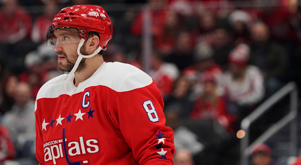 WASHINGTON, DC - DECEMBER 27: Alex Ovechkin #8 of the Washington Capitals looks on in the second period against the Columbus Blue Jackets at Capital One Arena on December 27, 2019 in Washington, DC. (Photo by Patrick McDermott/NHLI via Getty Images) 