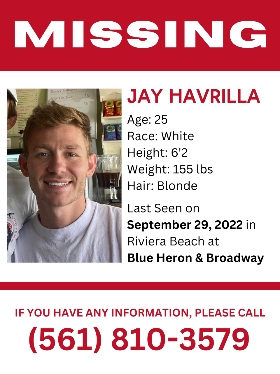 Poster created by Davidson asking for the public's help finding Havrilla
