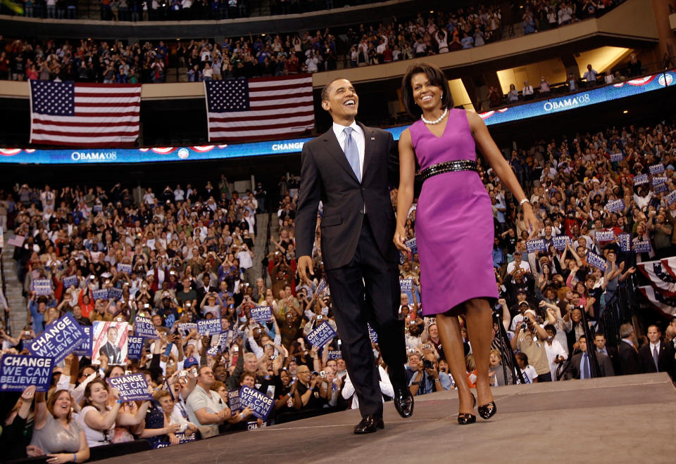 Michelle Obama supported her Chicago roots when she wore this brightly colored frock by Chicago-based designer Maria Pinto in 2008, when her husband was still a presidential hopeful.