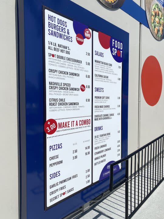 The Skechers Food Spot menu board in Gardena, California on Sept. 13, 2023. The Costco comparisons are obvious, but reviewers say the food is higher quality. (KTLA)