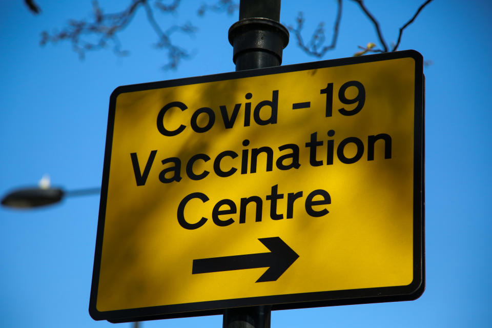 LONDON, UNITED KINGDOM - 2021/04/20: A sign of the Covid-19 vaccination center seen in London. (Photo by Dinendra Haria/SOPA Images/LightRocket via Getty Images)