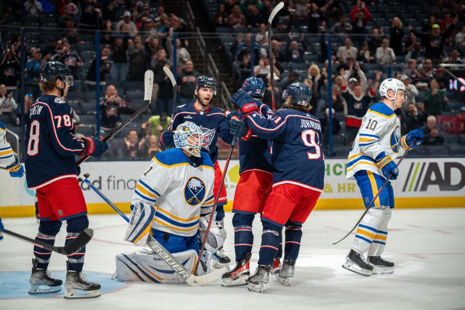 Oct 4, 2023; Columbus, Ohio, United States;
Columbus Blue Jackets celebrate their second goal during their game against the Buffalo Sabres on Wednesday, Oct. 4, 2023 at Nationwide Arena.