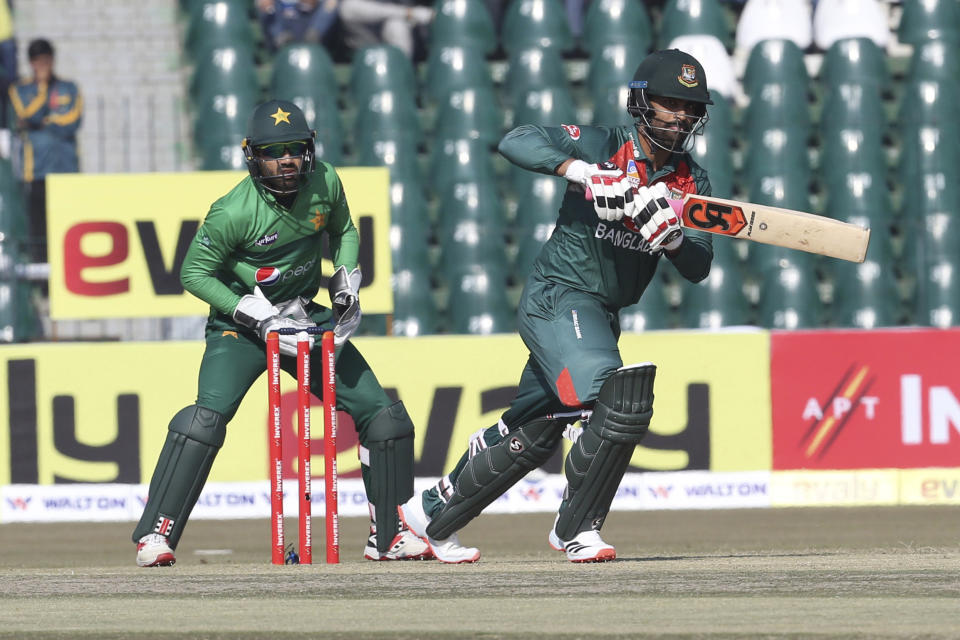 Bangladesh batsman Tamim Iqbal plays against Pakistan at the Gaddafi Stadium in Lahore, Pakistan, Friday, Jan. 24, 2020. Pakistan and Bangladesh are playing their first T20 of the three matches series under tight security. (AP Photo/K.M. Chaudary)