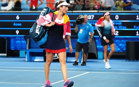 Johanna Konta of Great Britain walks off court after her loss to Garbine Muguruza of Spain during day four of the 2019 Australian Open at Melbourne Park  - Credit: Getty Images