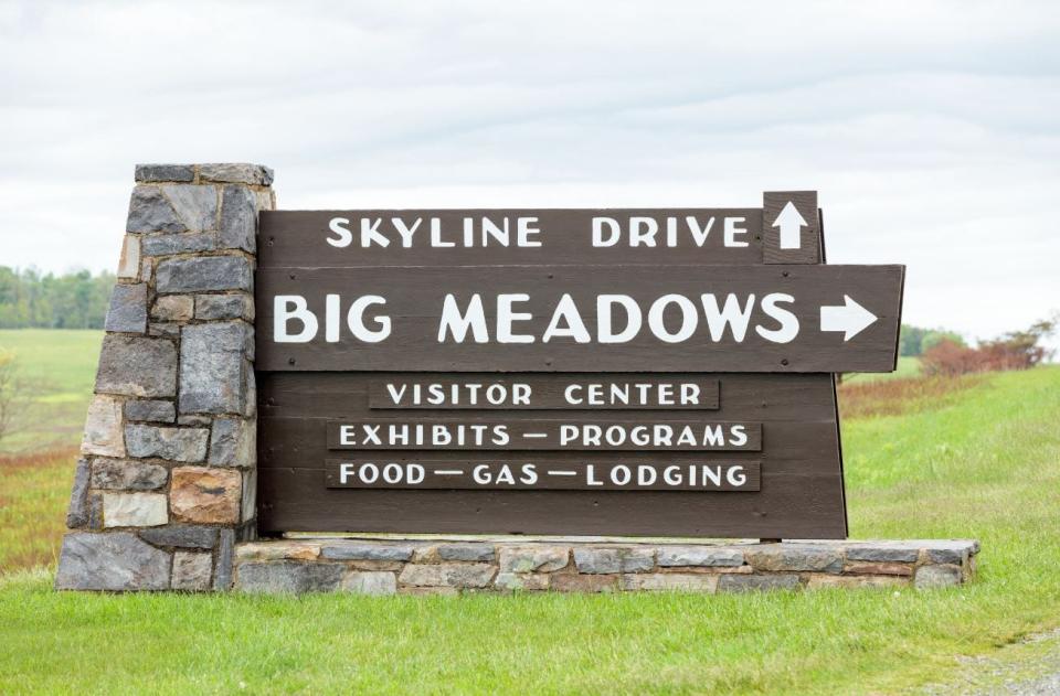 Skyline Drive/Big Meadows sign at Shenandoah National Park, Va.